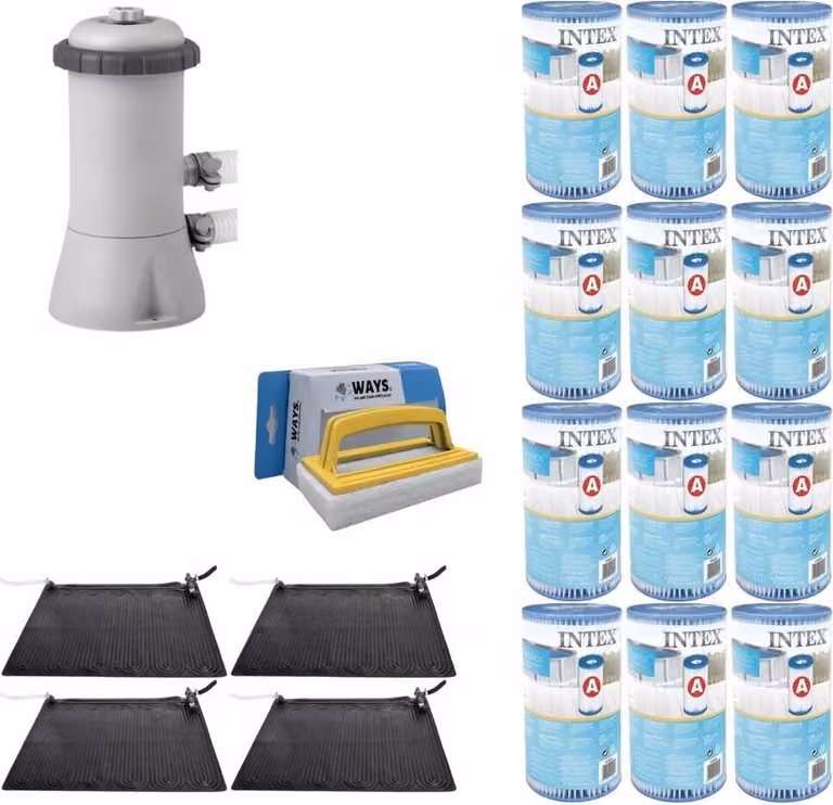 WAYS - Cura della piscina - 4x riscaldatore per piscina e pompa filtro 2271 L/u & 12 filtri tipo A & spazzola WAYS per il lavaggio