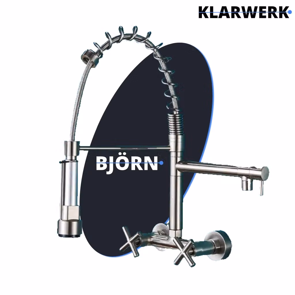 Rubinetto da parete professionale Klarwerk Bjorn in acciaio inox color argento con due doccette per cucina e ristorante – 2