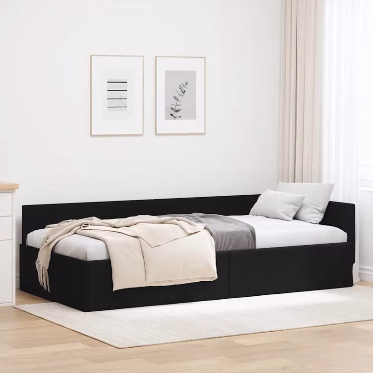Cornice del letto ad angolo vidaXL in tessuto nero con doghe in legno, L/P: 90 x 190 cm