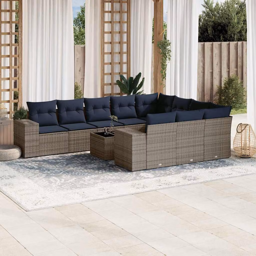Set di divani da giardino vidaXL 11 pezzi in polyrattan con cuscini e tavolino da esterno, colore grigio e blu