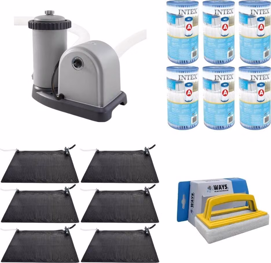 WAYS - Cura della piscina - 6x riscaldatore per piscina e pompa filtro 5678 L/u & 6 filtri tipo A & spazzola WAYS per il lavaggio