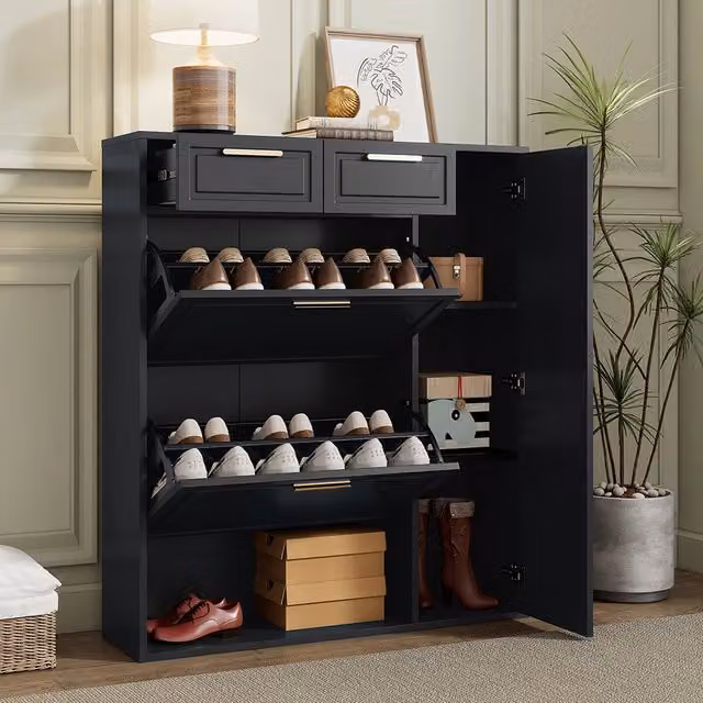 Scarpiere moderna - Xylo - L95/P24/H107 - Nero - Ripiani regolabili, maniglie dorate, cassetti, pieghevole