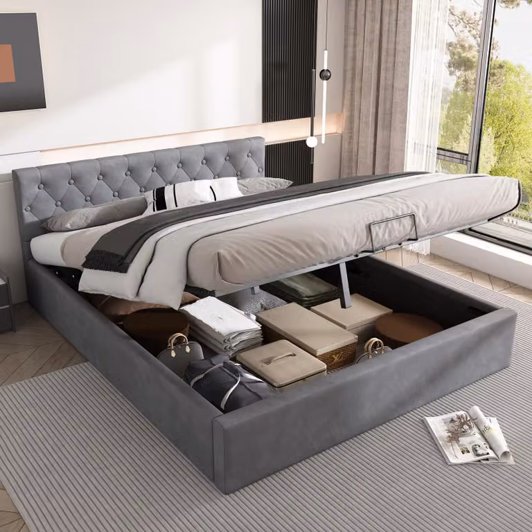 Letto imbottito 140 x 200 cm con rivestimento in velluto e contenitore a sollevamento idraulico – Letto matrimoniale con testiera abbottonata e rete a doghe, letto contenitore grigio