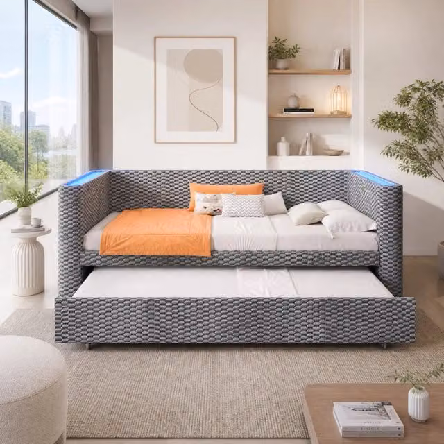 Divano letto Mivray moderno in velluto grigio con illuminazione LED controllabile tramite app, trasformabile da 90 x 200 cm a 180 x 200 cm