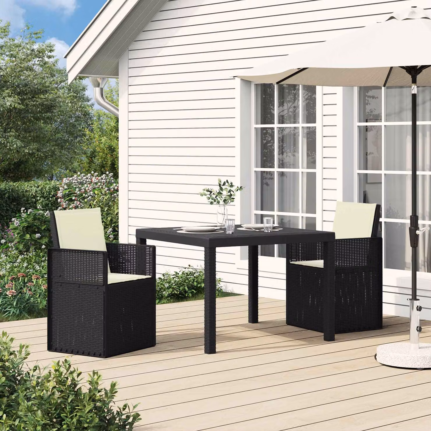 Set da pranzo per giardino e terrazzo vidaXL in 3 pezzi, colore antracite e beige, design moderno in plastica resistente alle intemperie