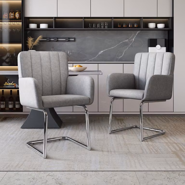 Set di 2 sedie imbottite Flieks, set di 2 sedie a sbalzo per sala da pranzo, sedie per visitatori con braccioli e gambe in metallo, PU, grigio