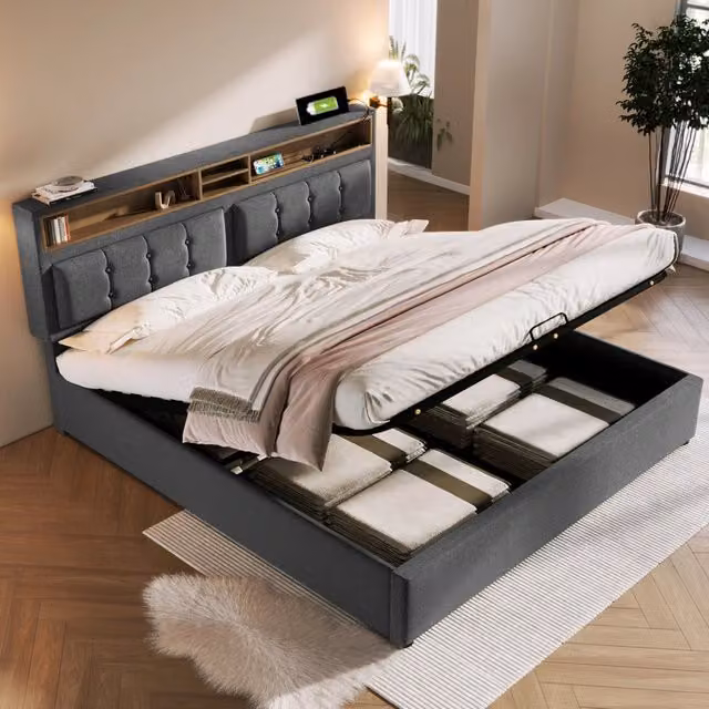Letto matrimoniale 160×200 cm con vano contenitore, prese e testiera regolabile, senza materasso, grigio