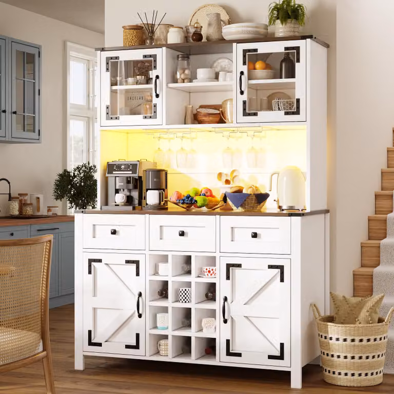 Mobile da cucina Flieks con porte USB e prese di corrente, mobile laterale con 4 ante, 3 cassetti e striscia luminosa a LED, credenza alta 120×40×170 cm, bianco