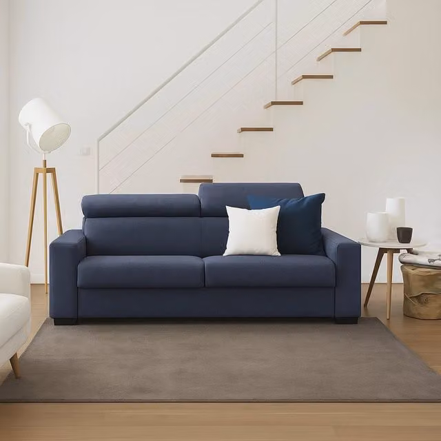 Divano a 2 posti Aggius Talamo Italia in tessuto blu con poggiatesta regolabili L: 180 cm, H: 85 cm, P: 95 cm