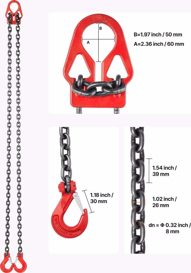 SucceBuy braca a catena 8 mm x 3 m, braca a catena con due ganci, braca di sollevamento in lega di acciaio G80, catena per gru 3,17 T, catena forestale, paranco a catena motorizzato regolabile per il trasporto di carichi