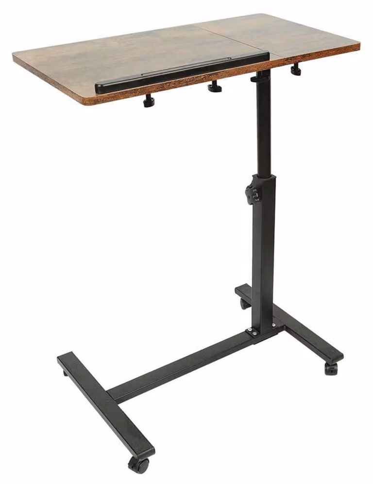 Tavolo da lavoro su ruote, regolabile in altezza, con piano per laptop, dimensioni 60 x 34,5 x 58-90 cm, in legno di tiglio colorato marrone