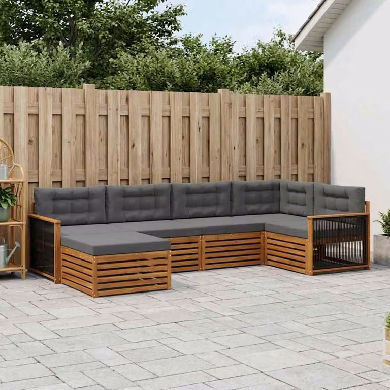 Set di divani da esterno vidaXL a forma di L composto da 6 pezzi in legno di acacia con cuscini, colore beige e antracite