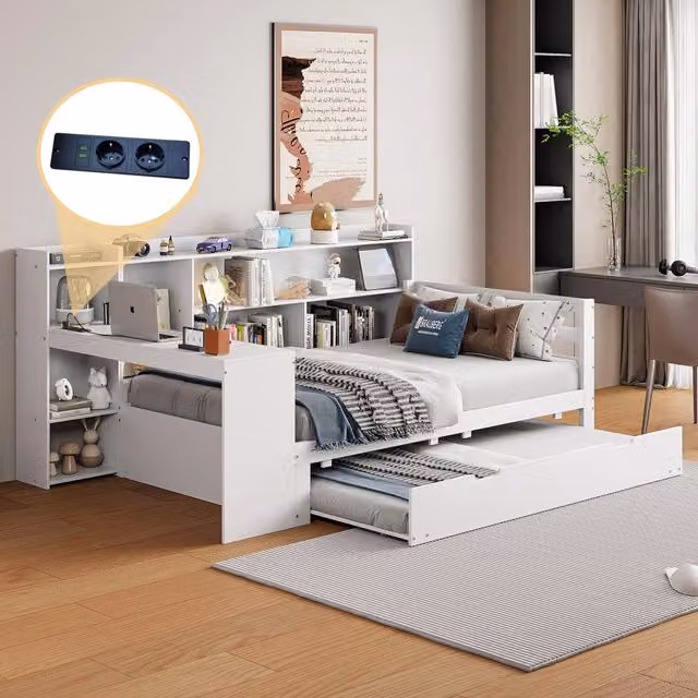 Letto multifunzione 90x200 cm in legno bianco con scrivania; libreria e secondo letto estraibile