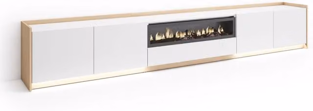 Mobile TV Soggiorno, 310x50x37 cm, Per TV fino a 80", Camino elettrico, LED, Bianco e Rovere soft