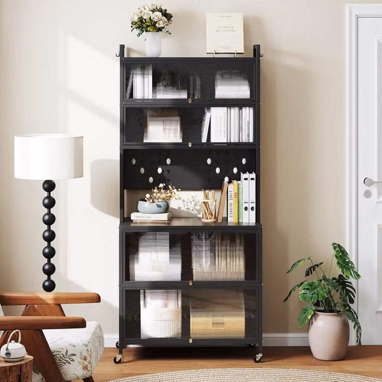 Costway Armadio Cucina Buffet Credenza Moderna Nero con Porte in Vetro e Supporto Microonde