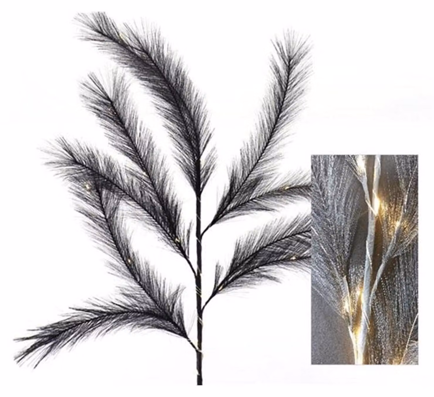 HBx ramo di erba piuma naturale con LED 72 cm nero
