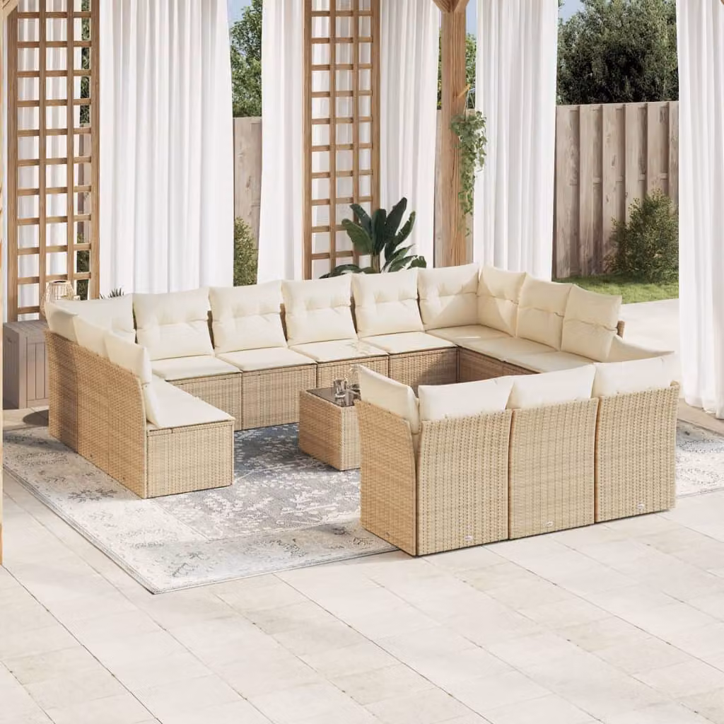 Set di Divani da Giardino vidaXL a Forma di U con Cuscini Beige e Tavolino in Polyrattan e Metallo – 1
