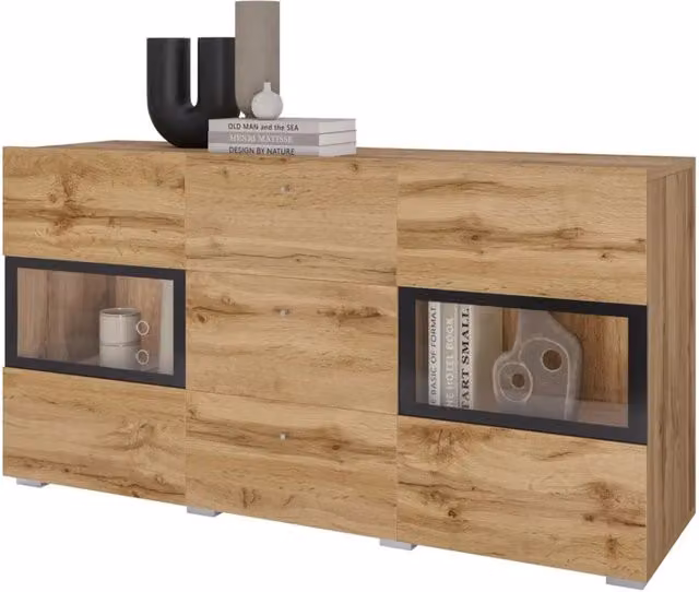 Buffet RAMOS 130 cm – Rovere dorato e nero – 2 porte in vetro e 3 cassetti – Senza LED