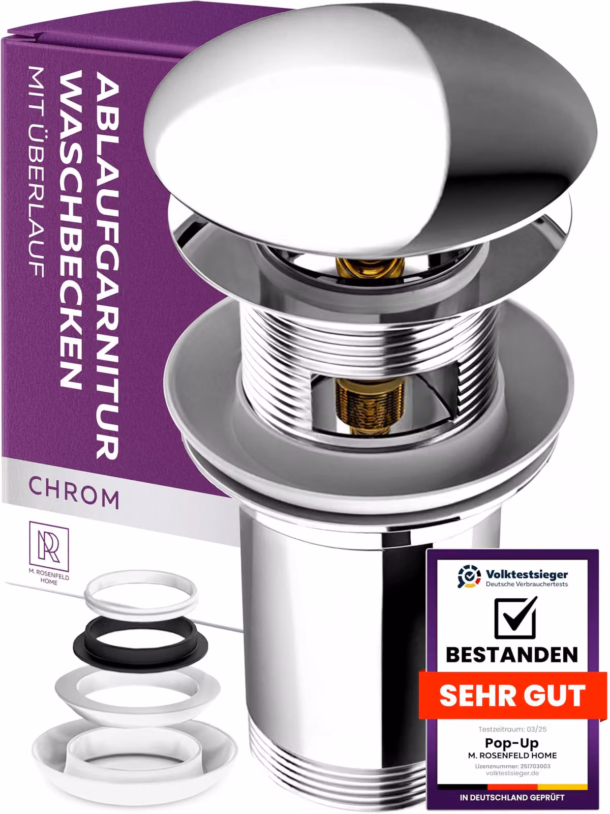 Kit di scarico per lavabo con troppofilo, marca M. Rosenfeld Home, adatto per lavabi. Include un tappo a scomparsa in acciaio inossidabile, un sifone cromato e 4 guarnizioni di ricambio