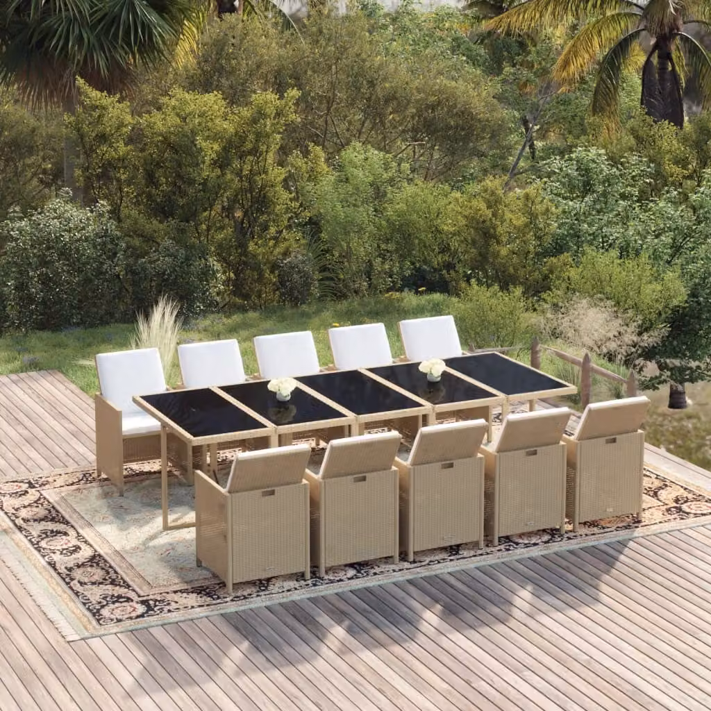 The Living Store Set da pranzo da giardino 11 pezzi con cuscini in poly rattan beige