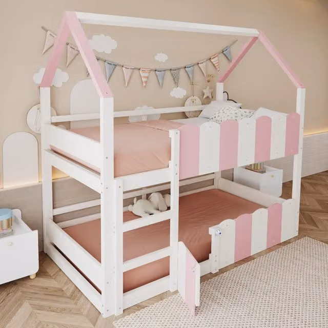 Letto a castello per bambini 90x200 cm a casetta, bianco e rosa