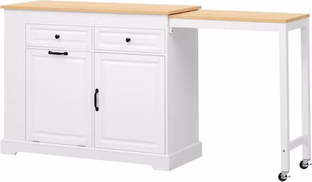 Carrello da cucina moderno in legno MDF bianco con piano estraibile, vano pattumiera, 2 cassetti e ripiani laterali, L: 112-180 cm, P: 45 cm, H: 92 cm