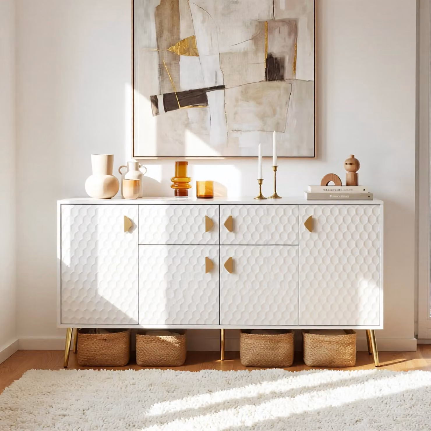 Mobile contenitore da 160 cm, ante frontali bianche in MDF laccato, 4 ante, 6 scomparti, dimensioni 160x40x80 cm