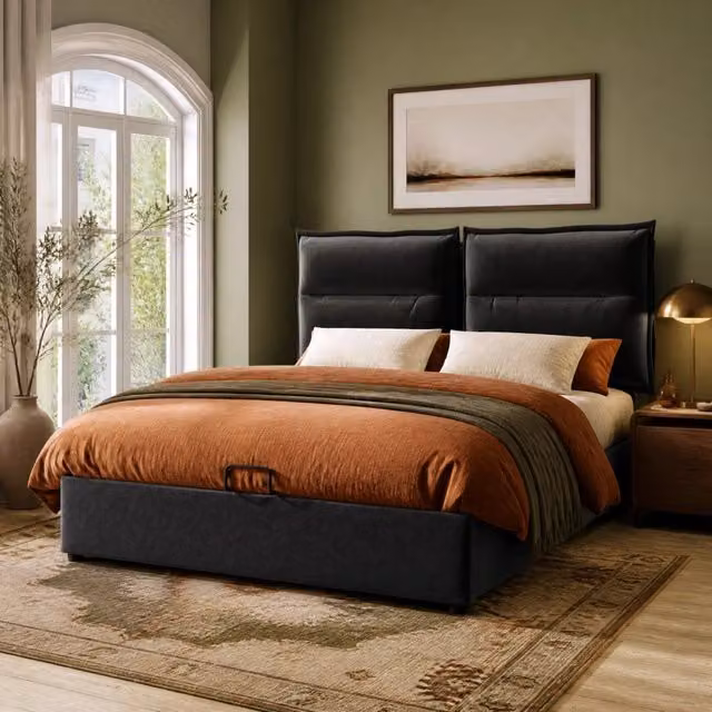Letto contenitore REDOM con base a sollevamento e testiera regolabile in tessuto nero L/P: 140 x 200 cm