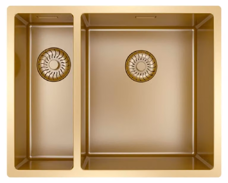 Lavello Caressi CAPP1534R10G, da incasso/sotto piano, a filo piano (HPL). Lavello grande, con apertura a destra. Oro (PVD).