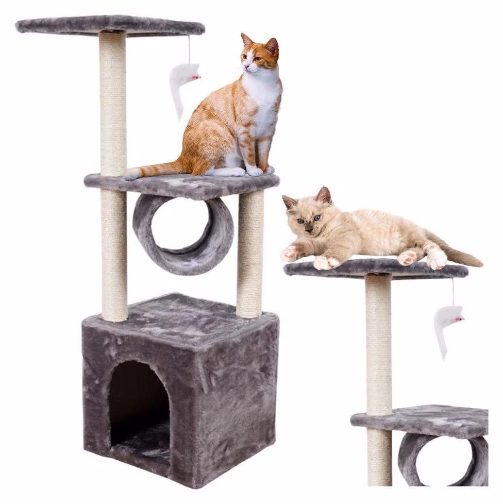Tiragraffi per gatti con casetta e tunnel, piattaforma da 107 cm