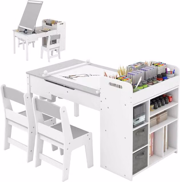 Set Tavolo e Sedie per Bambini con Rotolo di Carta, Tavolino per Cameretta con 2 Sedie, Piano Ribaltabile, Ripiani, 8 Bicchieri per Pittura, 2 Cassetti Nascosti e 2 Ceste di Tessuto (Grigio)