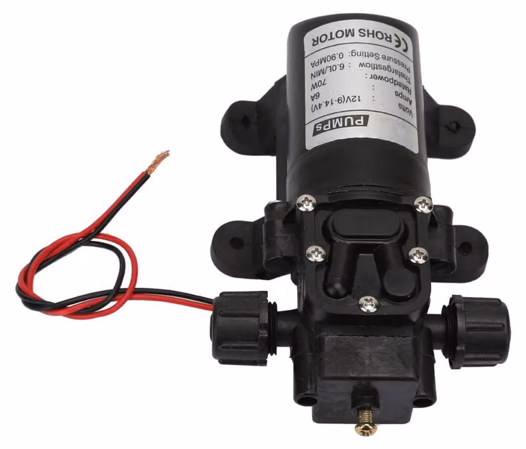 Pompa a membrana ad alta pressione, autoadescante, a 12V DC, 70W, con portata di 6 litri al minuto, dotata di due raccordi filettati laterali per l'acqua