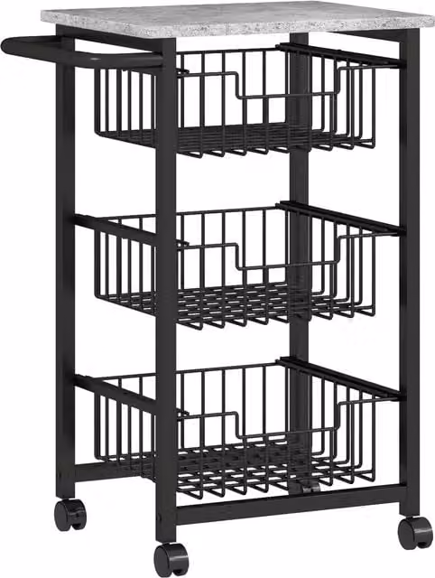 Carrello da cucina HOMCOM con 3 cestelli e maniglia in acciaio e legno, Nero e Grigio Chiaro, L 49.5 cm x P 31 cm x H 69 cm