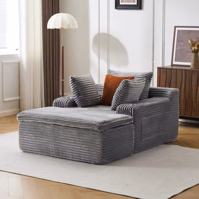 Divano angolare MIVRAY con chaise longue a sinistra in velluto a coste grigio, completo di 3 cuscini e portabicchieri