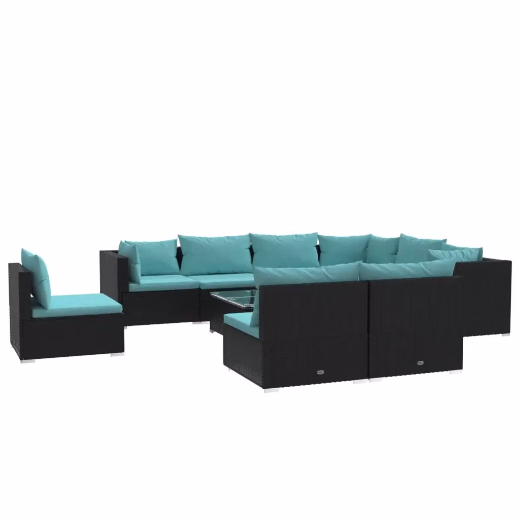 Set da giardino vidaXL composto da 10 pezzi con divani a L, tavolino da caffè e cuscini blu e neri in rattan e metallo – 2