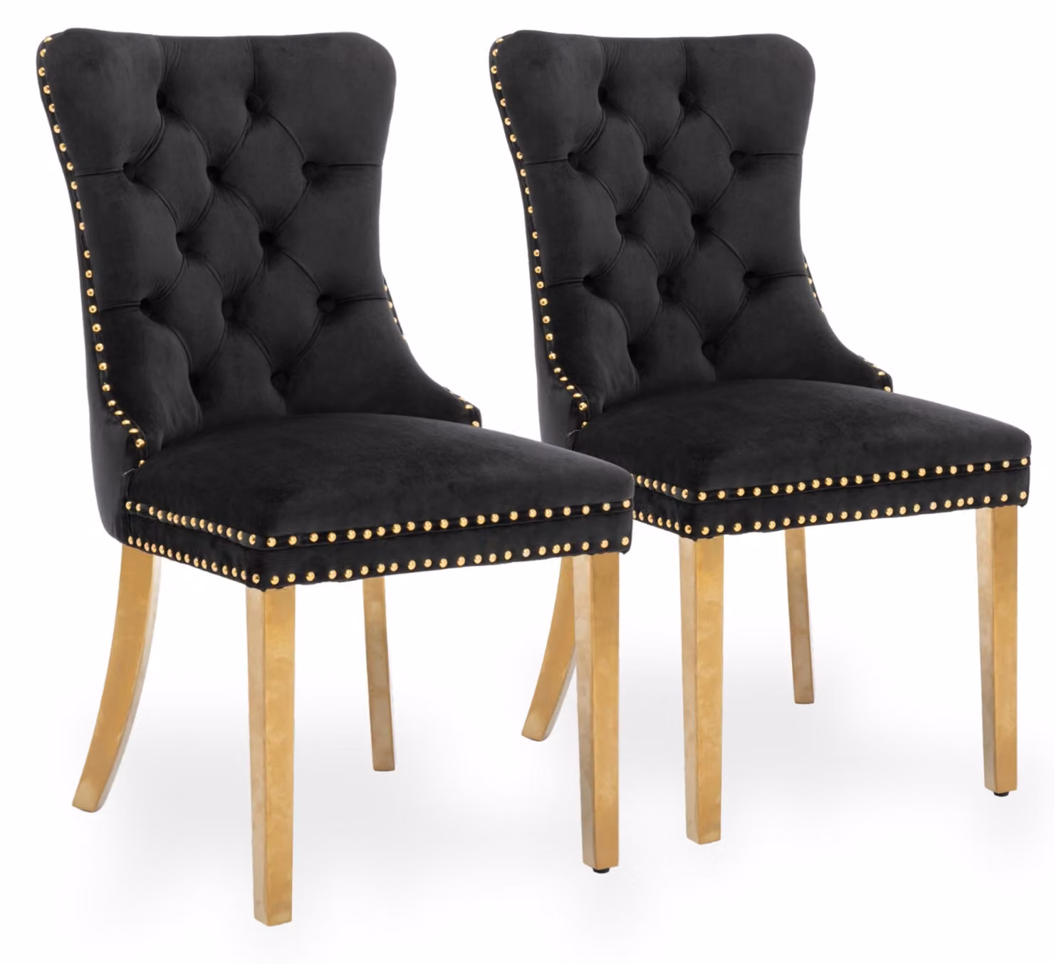 Set di 2 poltrone da pranzo in velluto, con schienale alto e struttura in legno rivestita di gomma dorata, colore nero