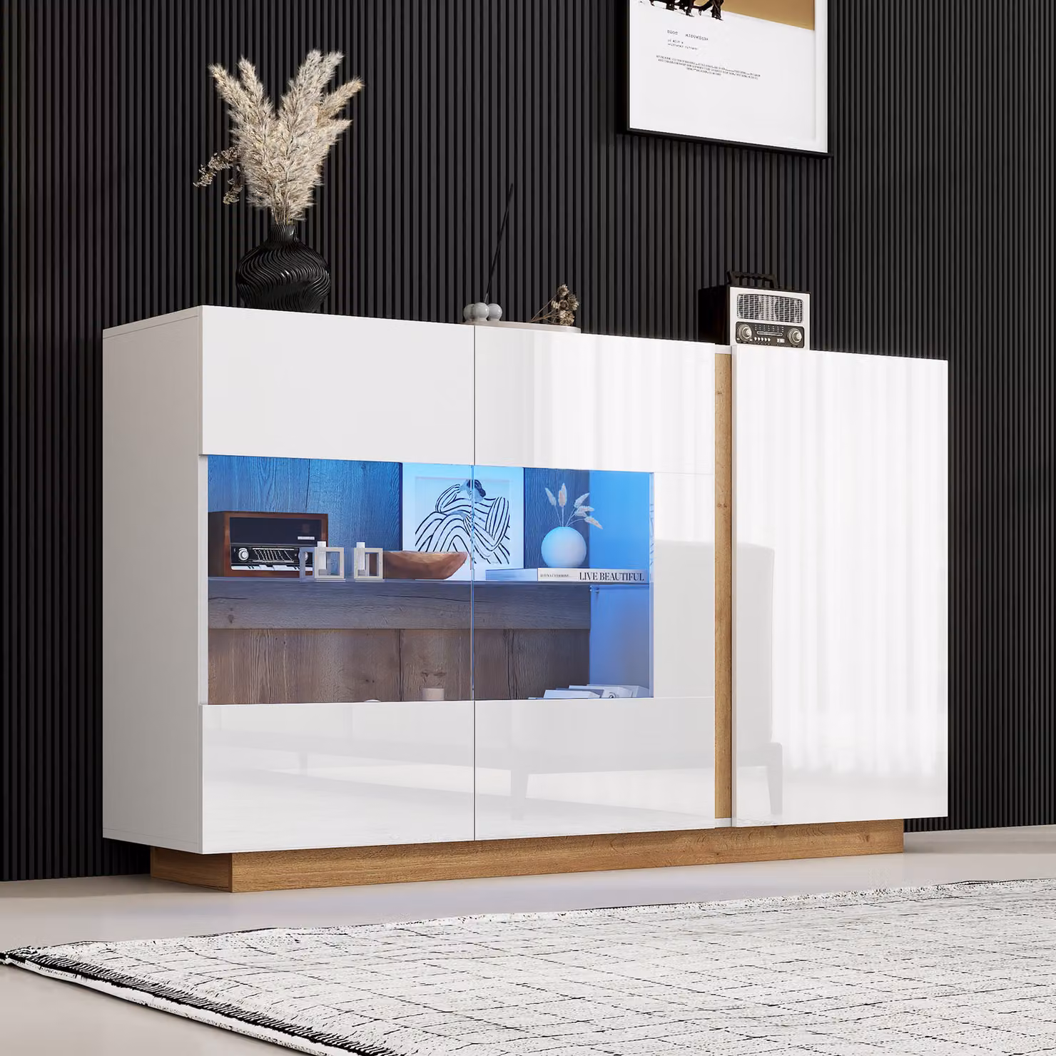 Credenza STILVORA con illuminazione a LED e ante in vetro, mobile contenitore in truciolato con zoccolo in legno, mobile ausiliario con finitura lucida, bianco