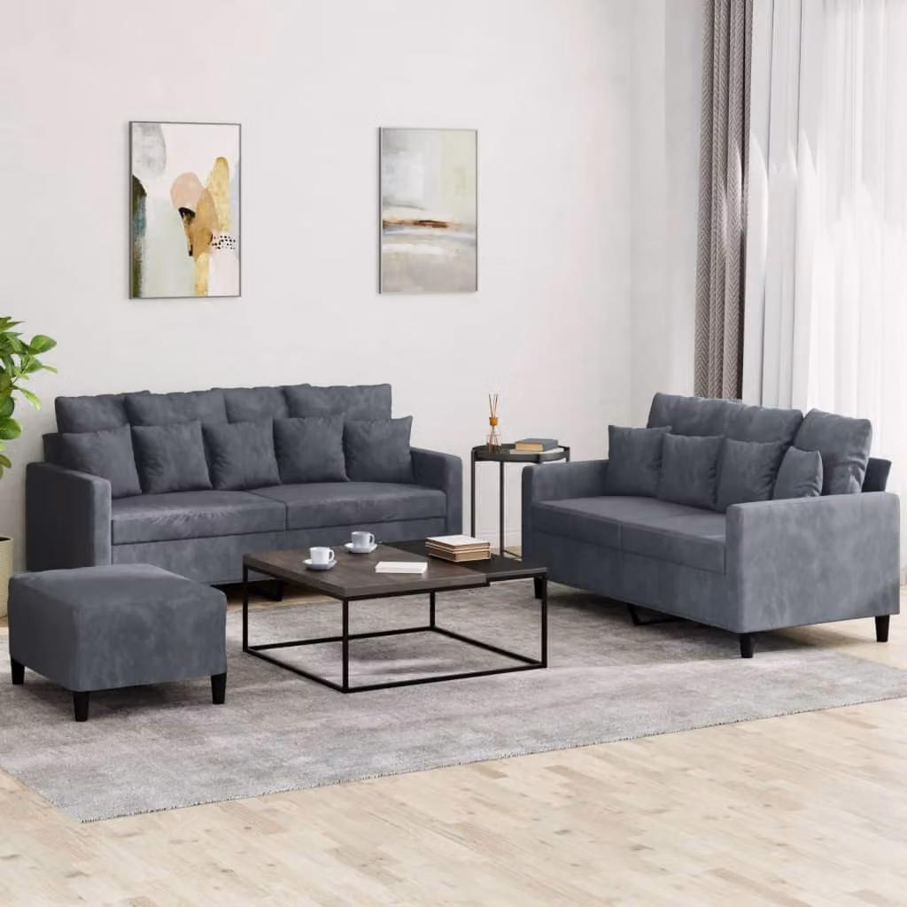Set di divani 3 pezzi vidaXL in velluto grigio con cuscini per soggiorno in stile moderno – 1