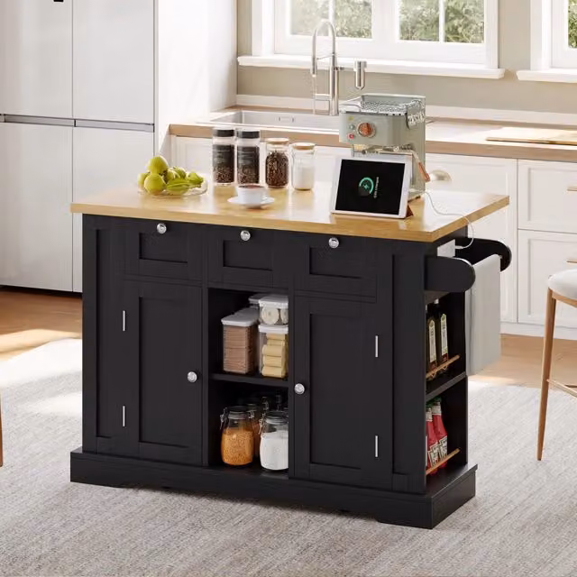 Isola cucina mobile con piano pieghevole 132 cm in MDF con 3 cassetti e prese USB