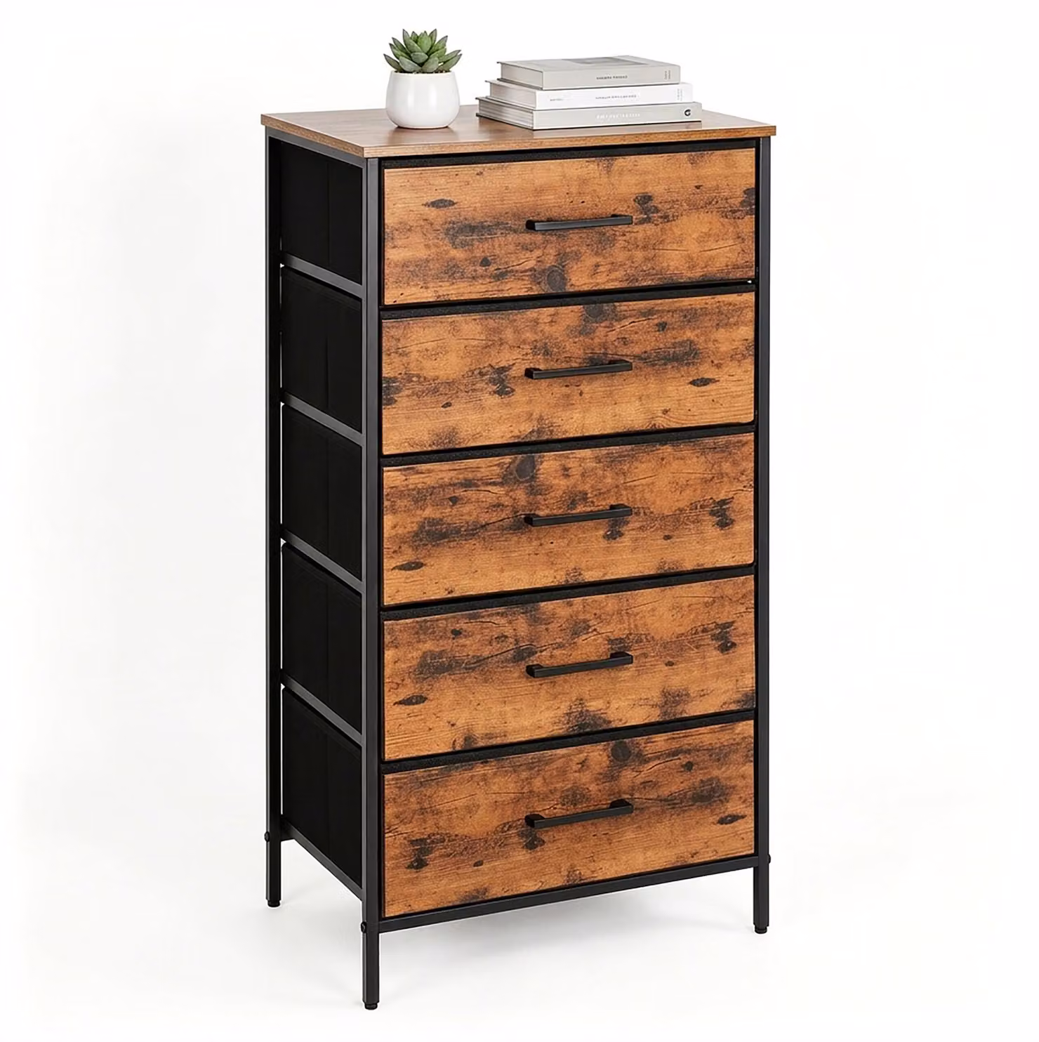 Comodino Relaxdays, dimensioni: 94 x 45 x 30 cm, 5 cassetti in tessuto, metallo, MDF, ideale per ingresso, camera da letto, comodino per ingresso, colore marrone/nero