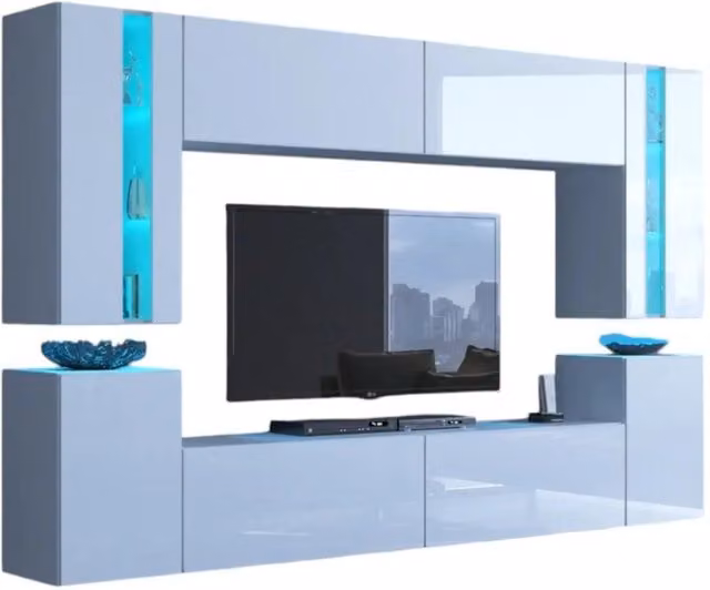 Set di mobili da soggiorno sospesi Meublorama collezione CEPTO XXIV, 8 moduli bianchi con finitura lucida e illuminazione LED integrata, L: 256 cm – 1