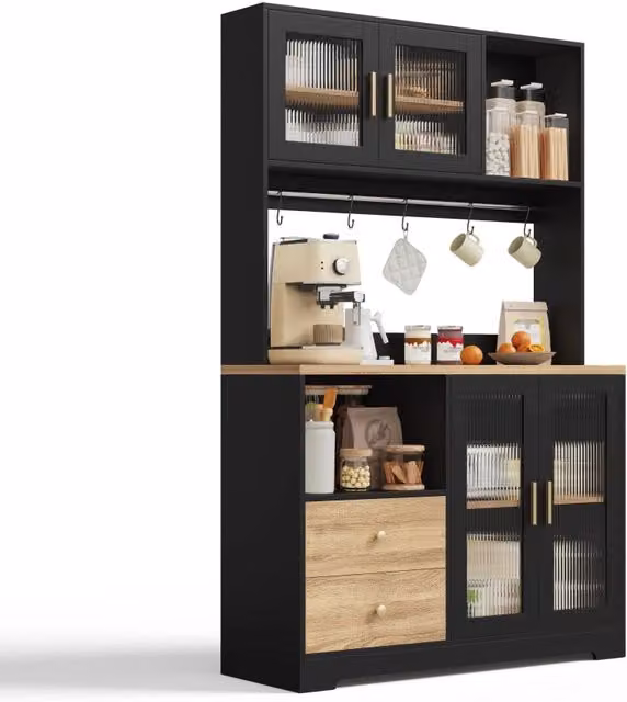 Colonna cucina moderna nera con 4 ante in vetro temperato, ripiani regolabili, illuminazione LED integrata e prese elettriche, L/P/H: 110 x 40 x 178 cm – 1