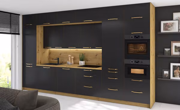 Mobile cucina Bonn Cucina componibile 404cm estensione parziale rovere artigianale frontale nero opaco