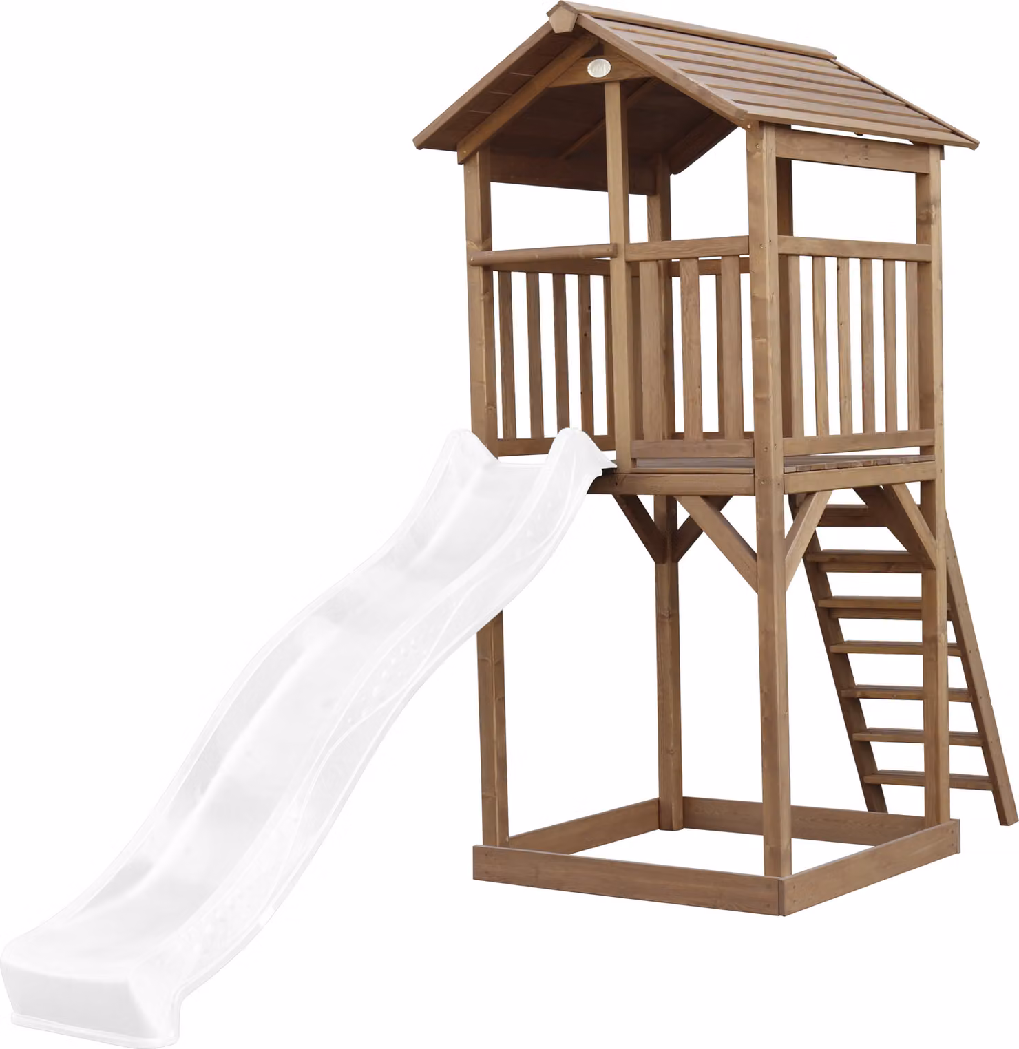 AXI Beach Tower parco giochi in legno in marrone | Torre di gioco per bambini con sabbiera e scivolo bianco | Casa per bambini su palafitte per il giardino