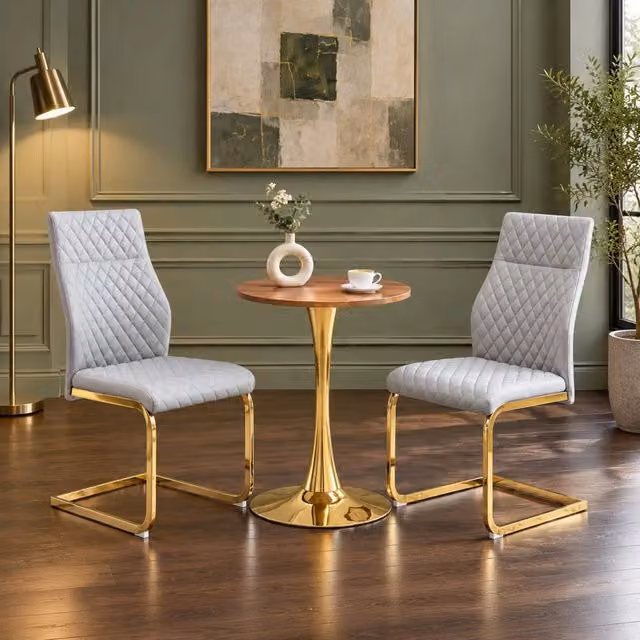 Set da pranzo con tavolo rotondo MDF 60 cm e 2 sedie grigio chiaro con struttura in metallo oro