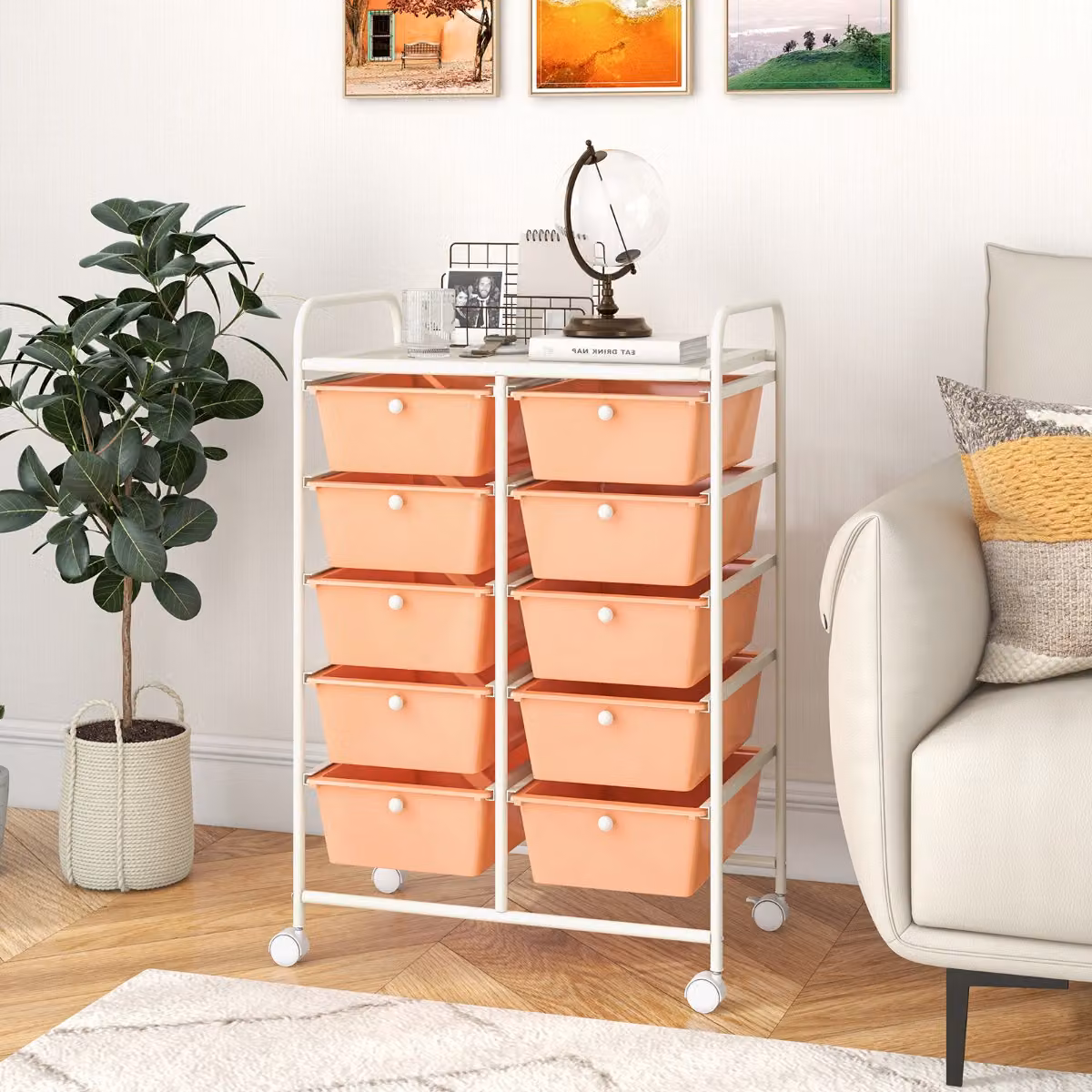 Carrello organizzatore multiuso Costway con 10 cassetti e ruote in metallo, Oro rosa