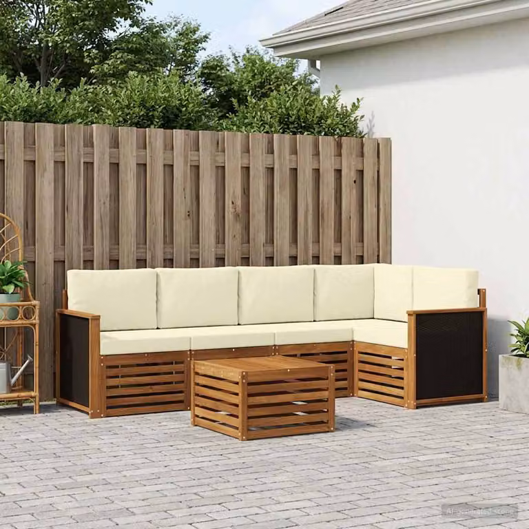 Set di divani da esterno vidaXL in legno di acacia con cuscini, composizione a L con tavolino, colore beige e bianco