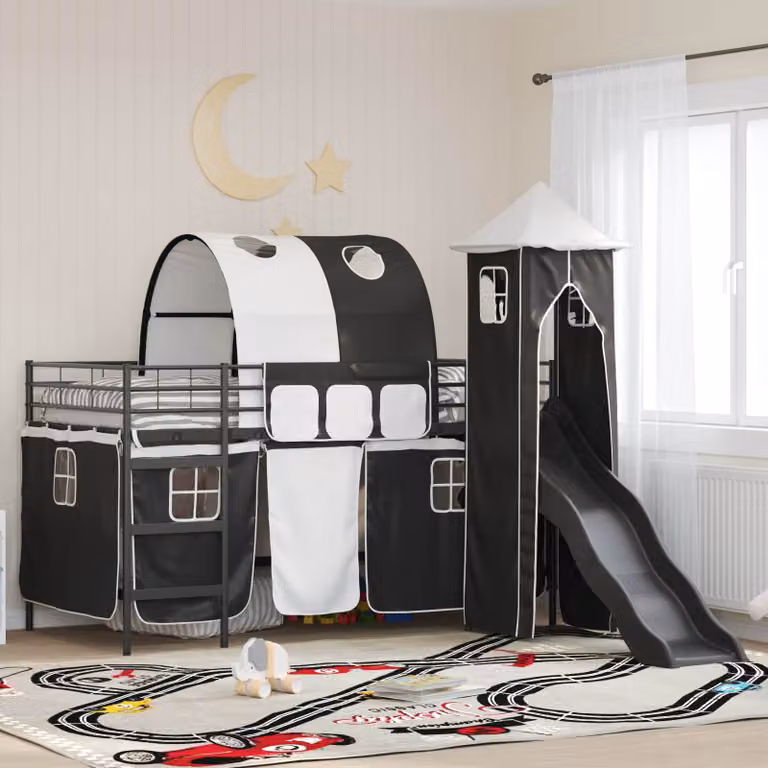 Letto a castello per bambini vidaXL in metallo con struttura a casetta e scala, L: 205 cm, P: 112 cm, H: 116 cm
