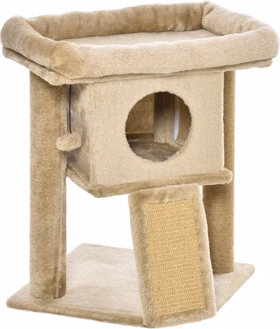 Albero per Gatti PawHut in Peluche Marrone e Beige con Casetta, Tiragraffi in Juta e Giocattoli Integrati – 1