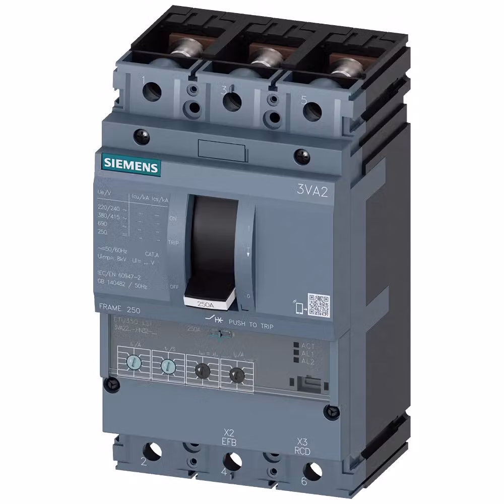 Interruttore di potenza Siemens 3VA2, telaio IEC 250, classe di capacità di interruzione M, Icu=55 kA a 415 V, 3VA22255HN320AA0